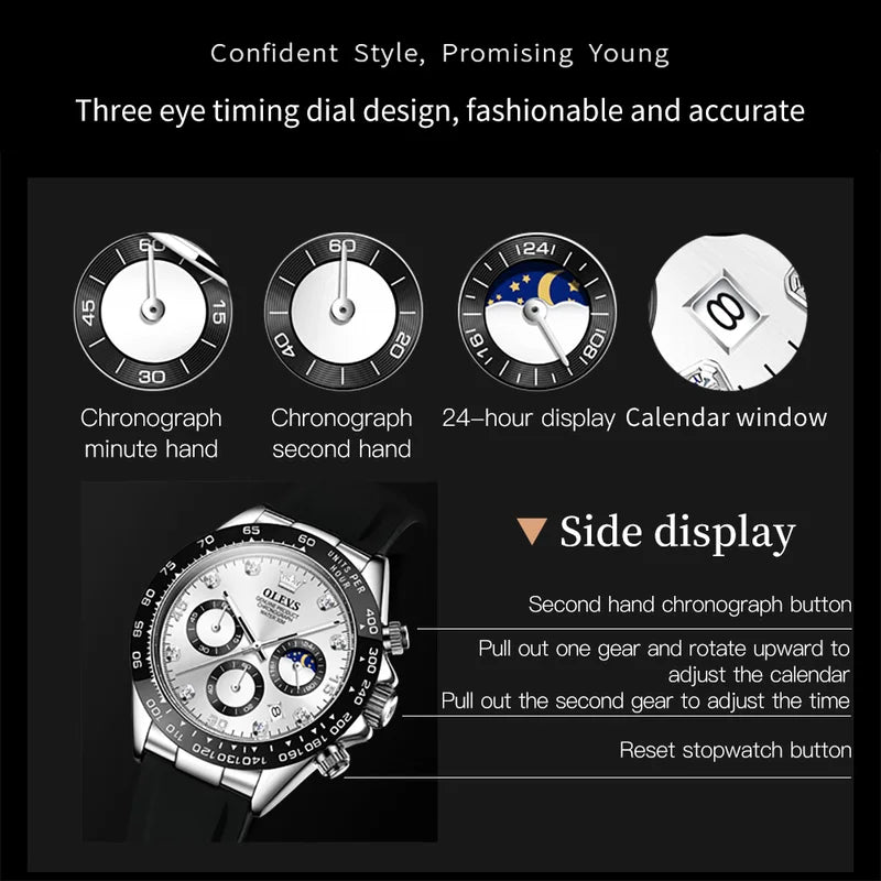 Quartz Watch with Silicone Strap Chronograph Luminous Waterproof 2875