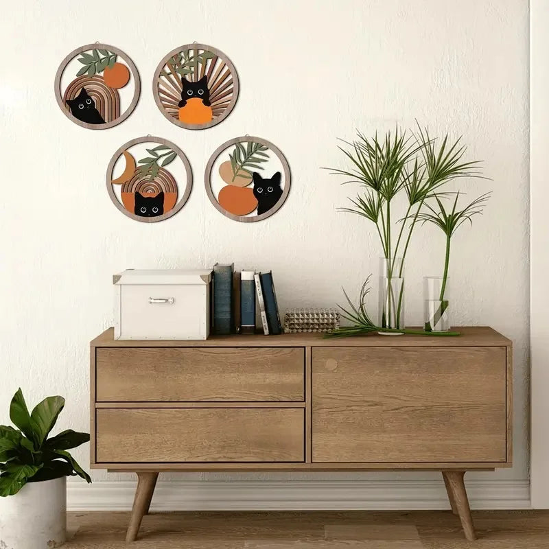 Bohemian Wall Art Decor Set - Hollowed-Out Wooden Sculptures for Living Room and Bedroom