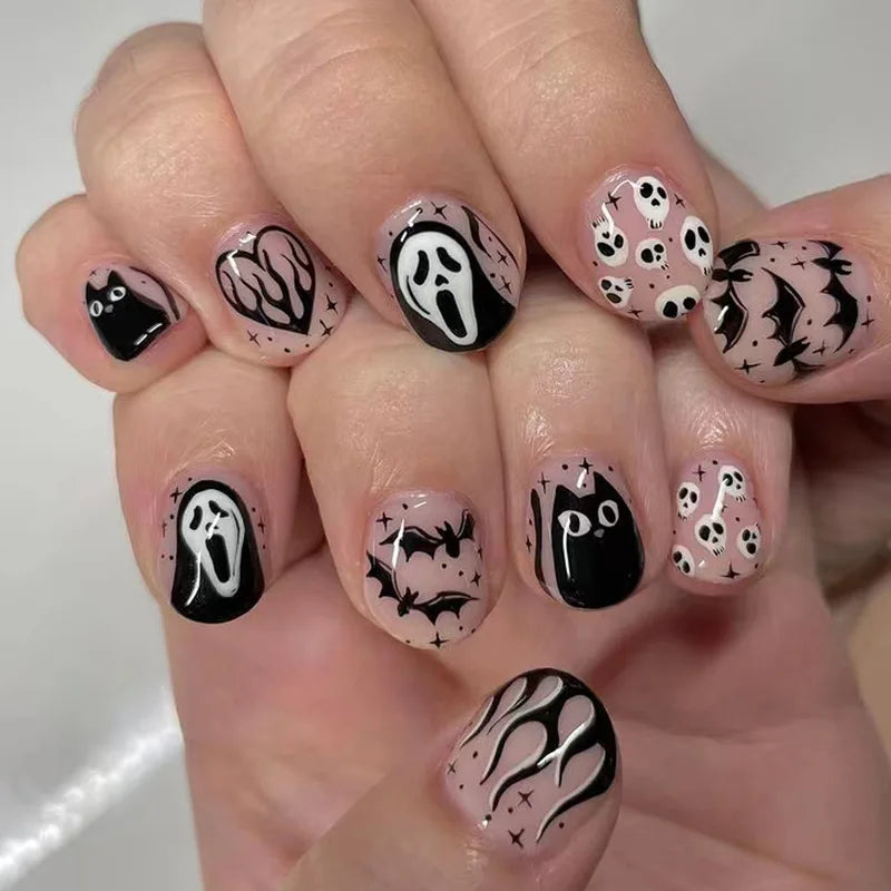Halloween Skull Fake Nails 24 Pcs Full Coverage Press-On Nails Reusable False Nails for Women & Girls