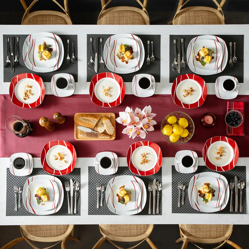 30-Piece Porcelain Dinner Set with Cups, Saucers, Plates - Red Stripes Ivory