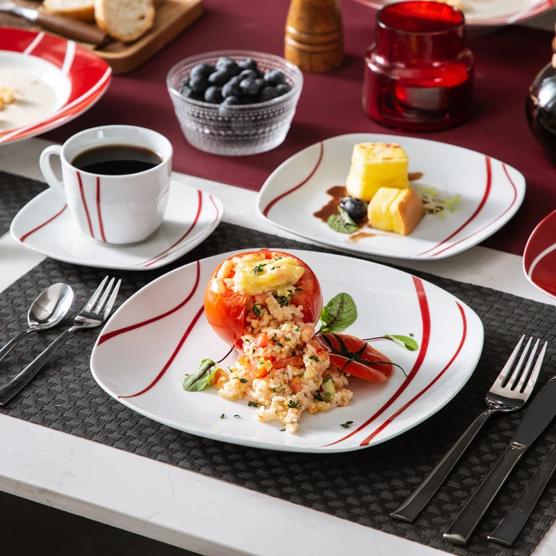 30-Piece Porcelain Dinner Set with Cups, Saucers, Plates - Red Stripes Ivory