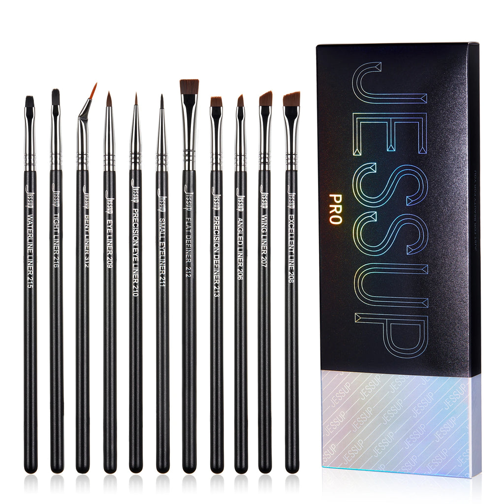 Professional Eyeliner Brush Set - 11 Pcs Fine, Angled, Flat, Waterline for Makeup Artists