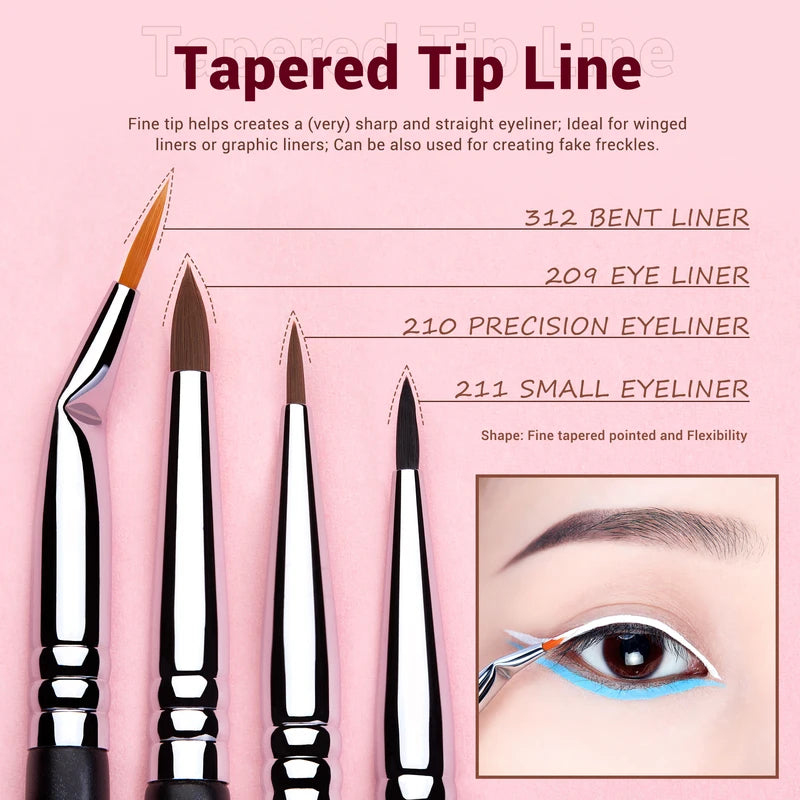 Professional Eyeliner Brush Set - 11 Pcs Fine, Angled, Flat, Waterline for Makeup Artists