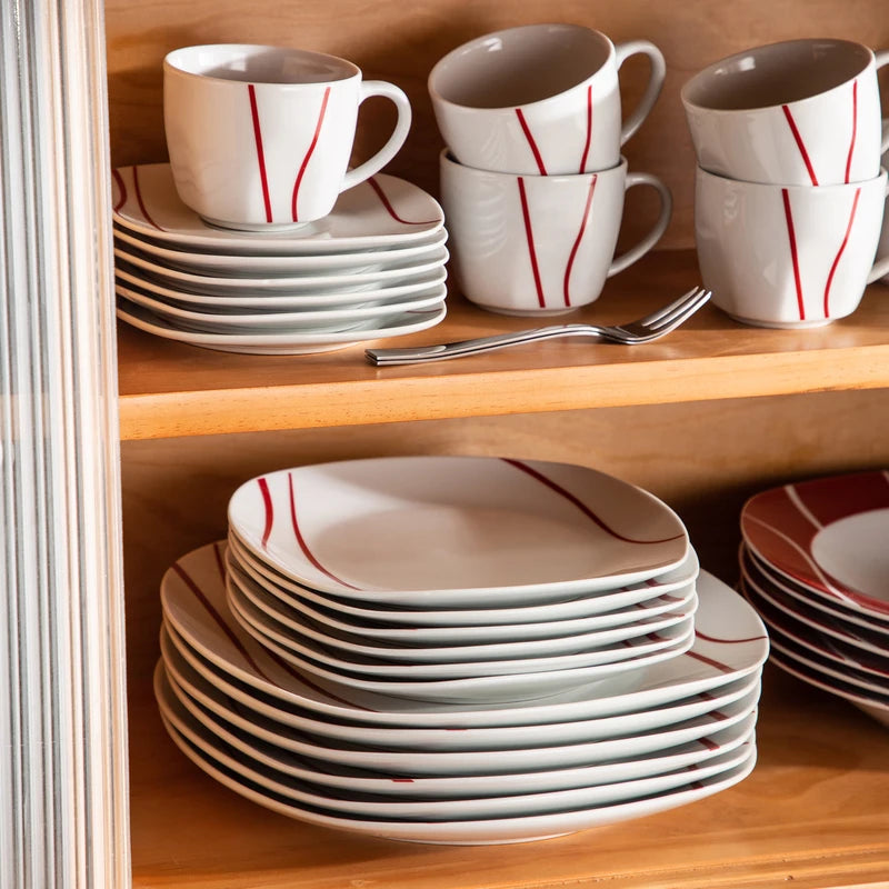 30-Piece Porcelain Dinner Set with Cups, Saucers, Plates - Red Stripes Ivory