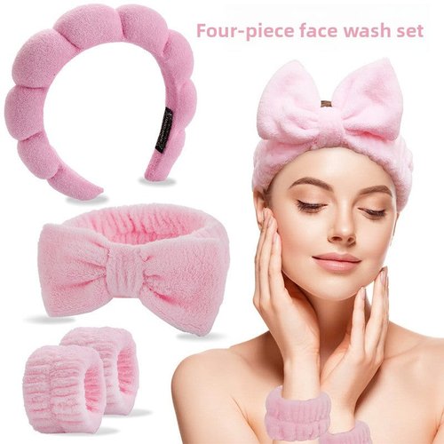 Handmade 4-Piece Spa Headband and Wristband Set Soft Fabric Bow Skincare Kit