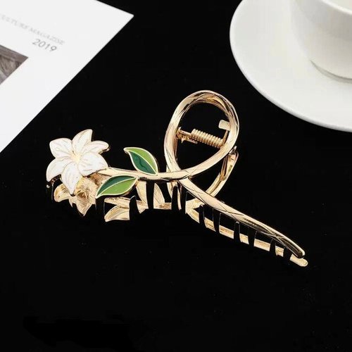 Handmade Metal Gold Flower Banana Clip Elegant Floral Hair Claw for Women
