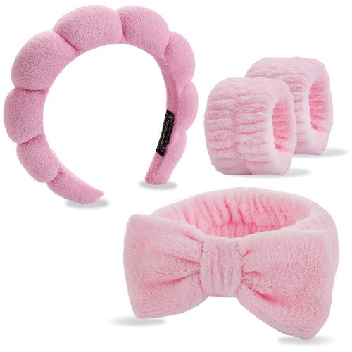Handmade 4-Piece Spa Headband and Wristband Set Soft Fabric Bow Skincare Kit