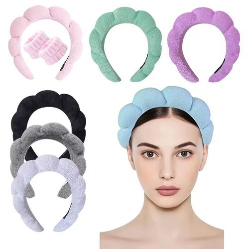 Handmade Sponge Spa Headband and Wristband Set Soft Flannel Skincare Kit