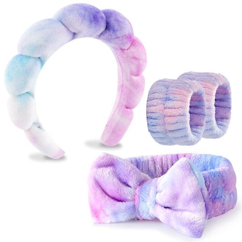 Handmade 4-Piece Spa Headband and Wristband Set Soft Fabric Bow Skincare Kit