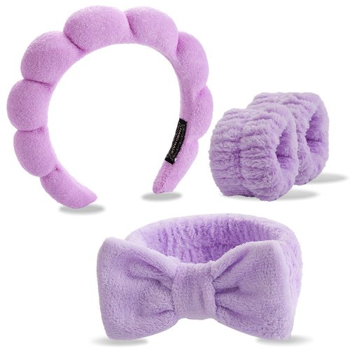 Handmade 4-Piece Spa Headband and Wristband Set Soft Fabric Bow Skincare Kit