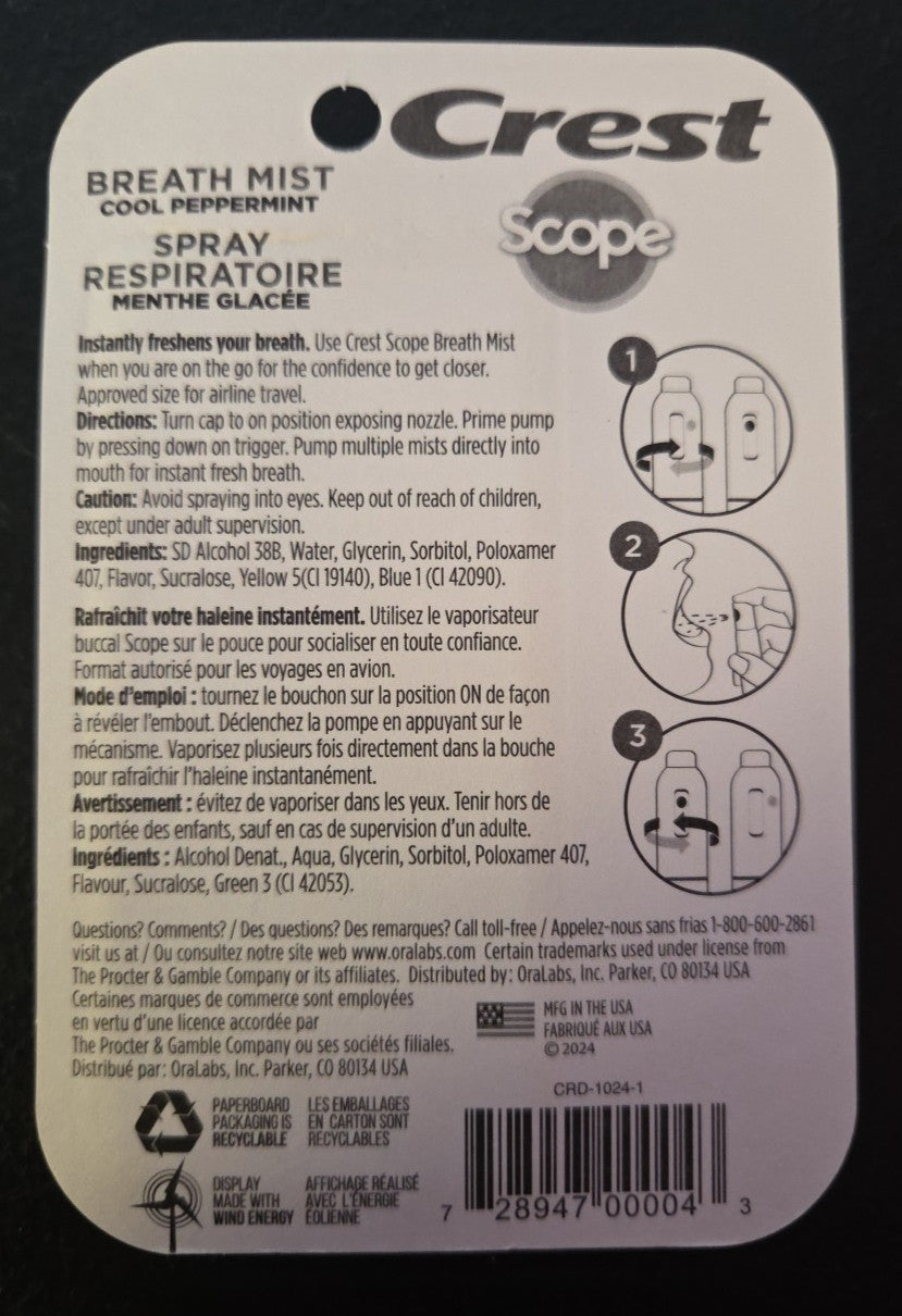 Crest Scope Breath Mist Twin Pack Peppermint Sugar-Free 4 Bottles