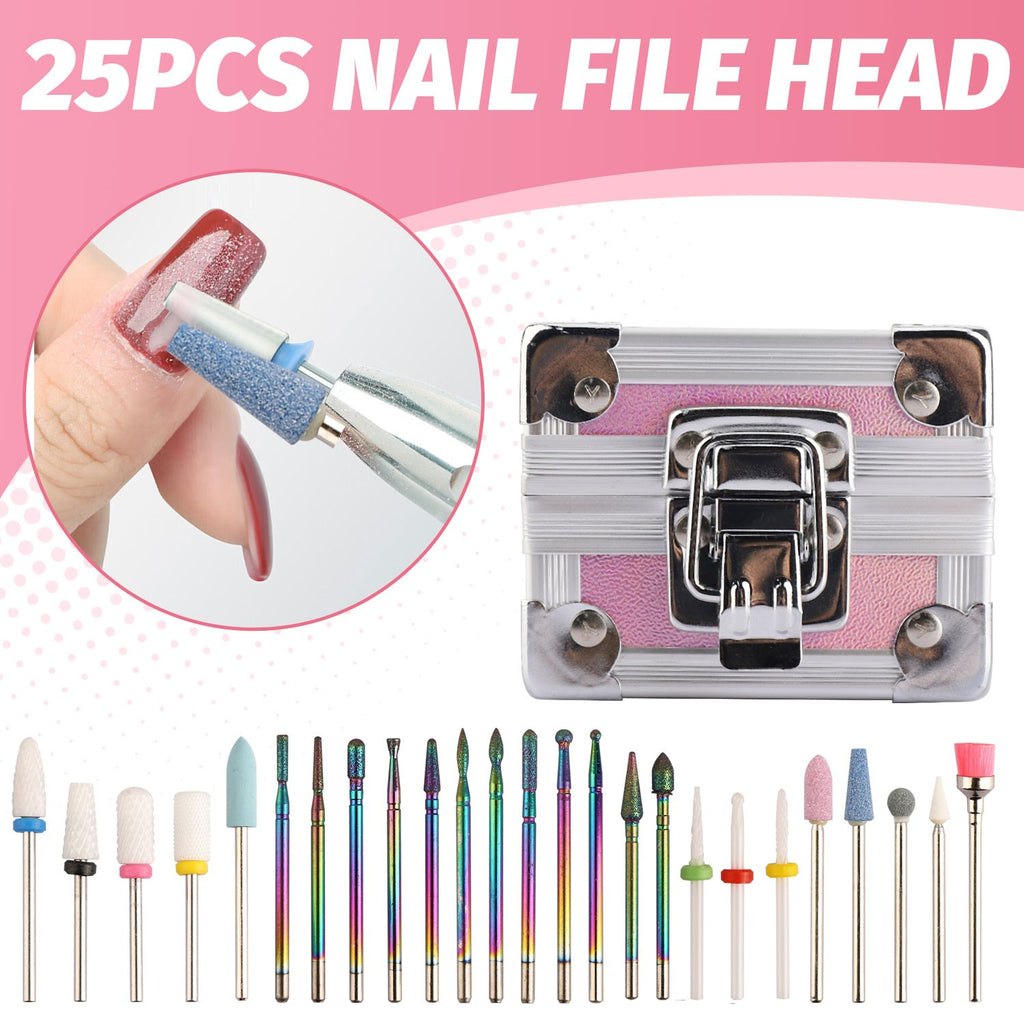 25Pcs Nail Drill Bit Set with Storage Box - Ceramic, Diamond, Carbide for Manicure & Pedicure