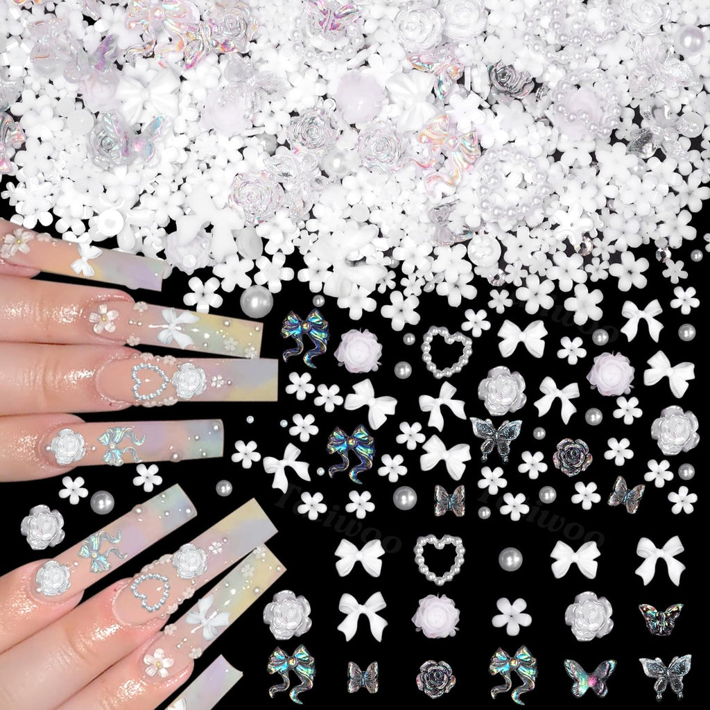 White Flower Nail Charms Set - 1000 Pcs 3D Tiny Flower & Mixed Nail Art Decorations