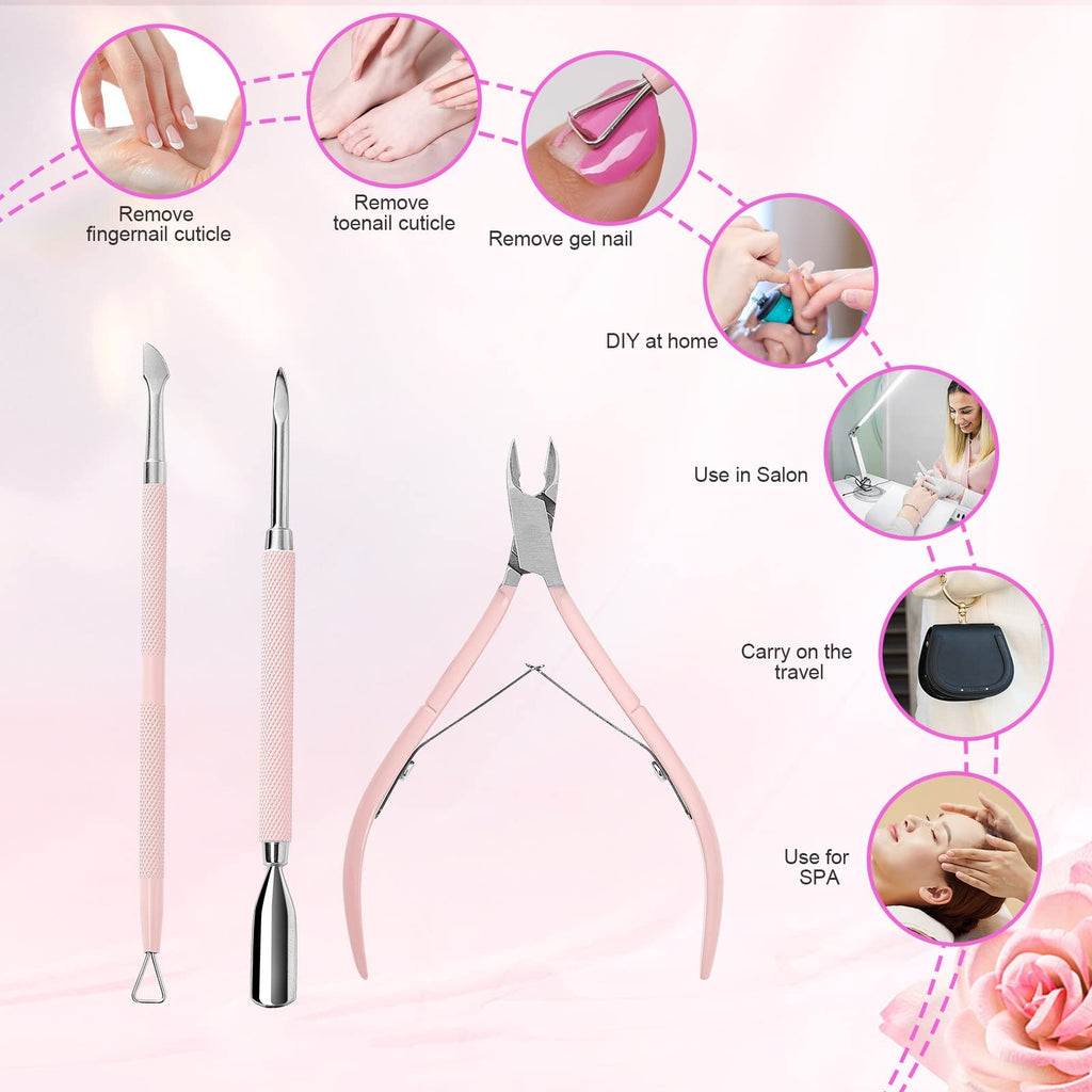 3-Piece Pink Nail Cuticle Nipper Set with Pusher - Stainless Steel Manicure Tools
