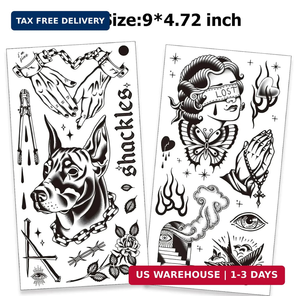 Large Black Traditional Temporary Tattoos for Adults – 12 Sheets