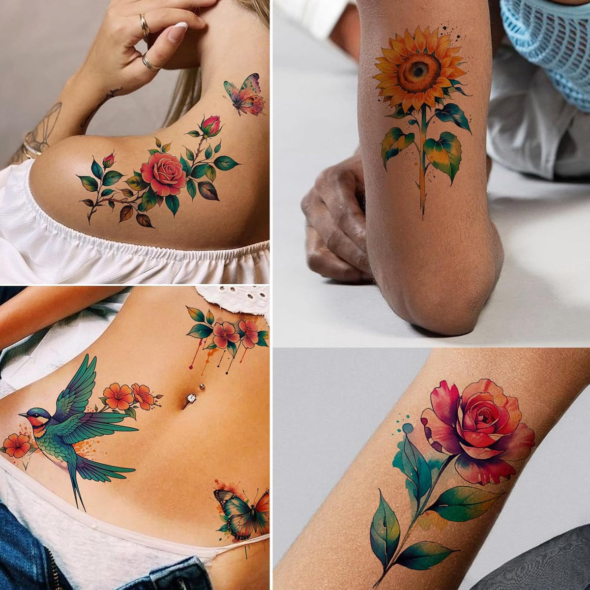 3D Watercolor Flower Temporary Tattoos for Women – Large Rose & Floral Set