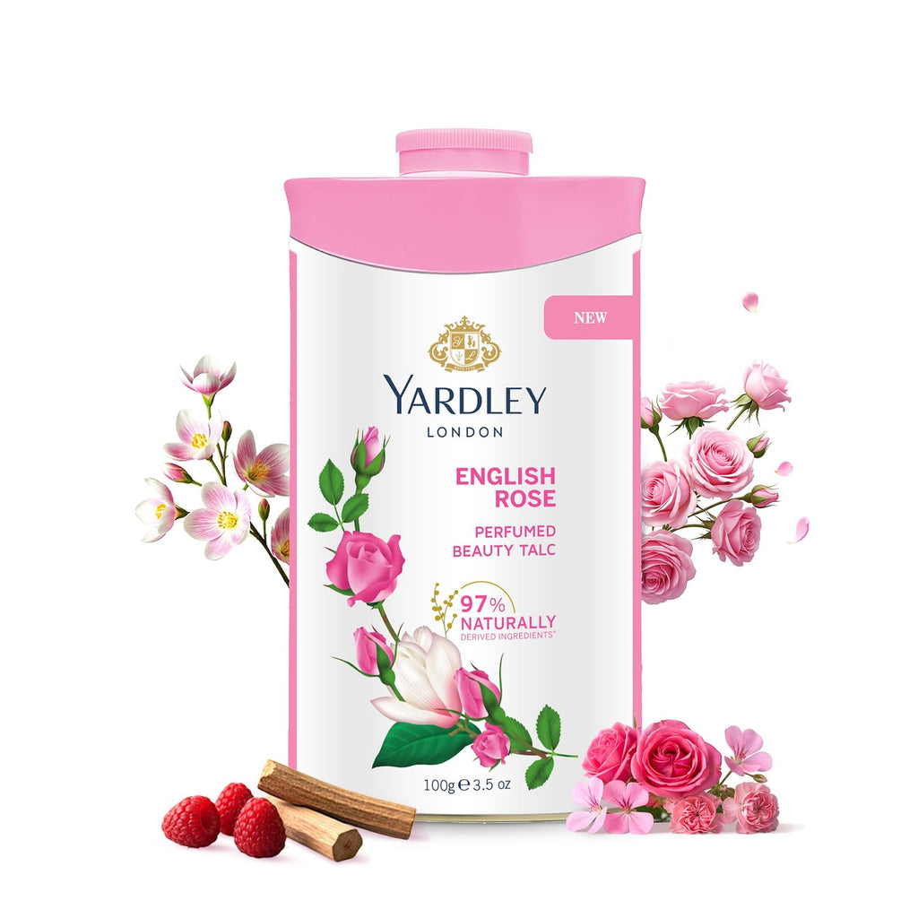 English Rose Perfumed Deodorizing Talc - Fine Body Powder for Freshness