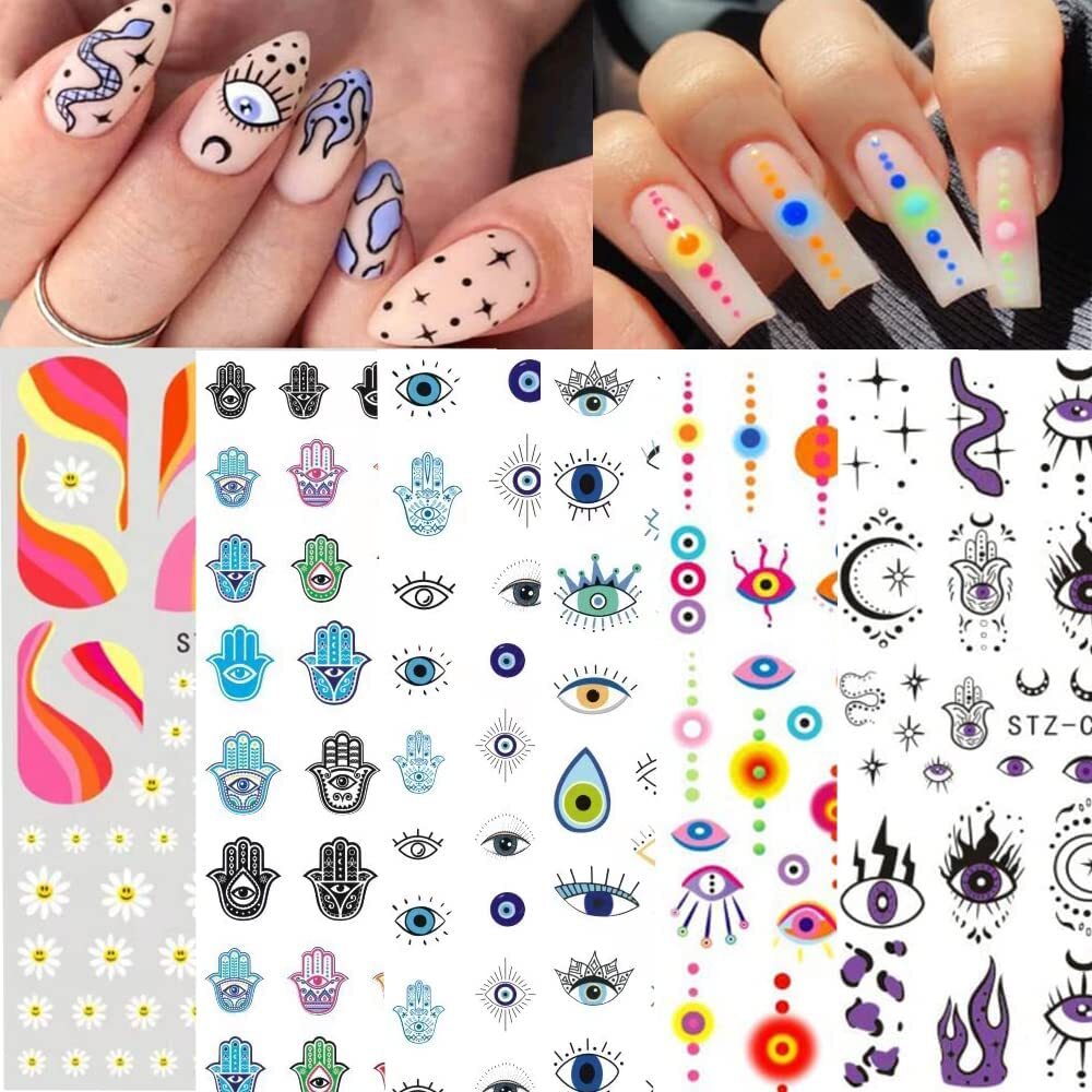 3D Nail Art Stickers Decals French Transfers Wavy Swirls Evil Eye Crackle