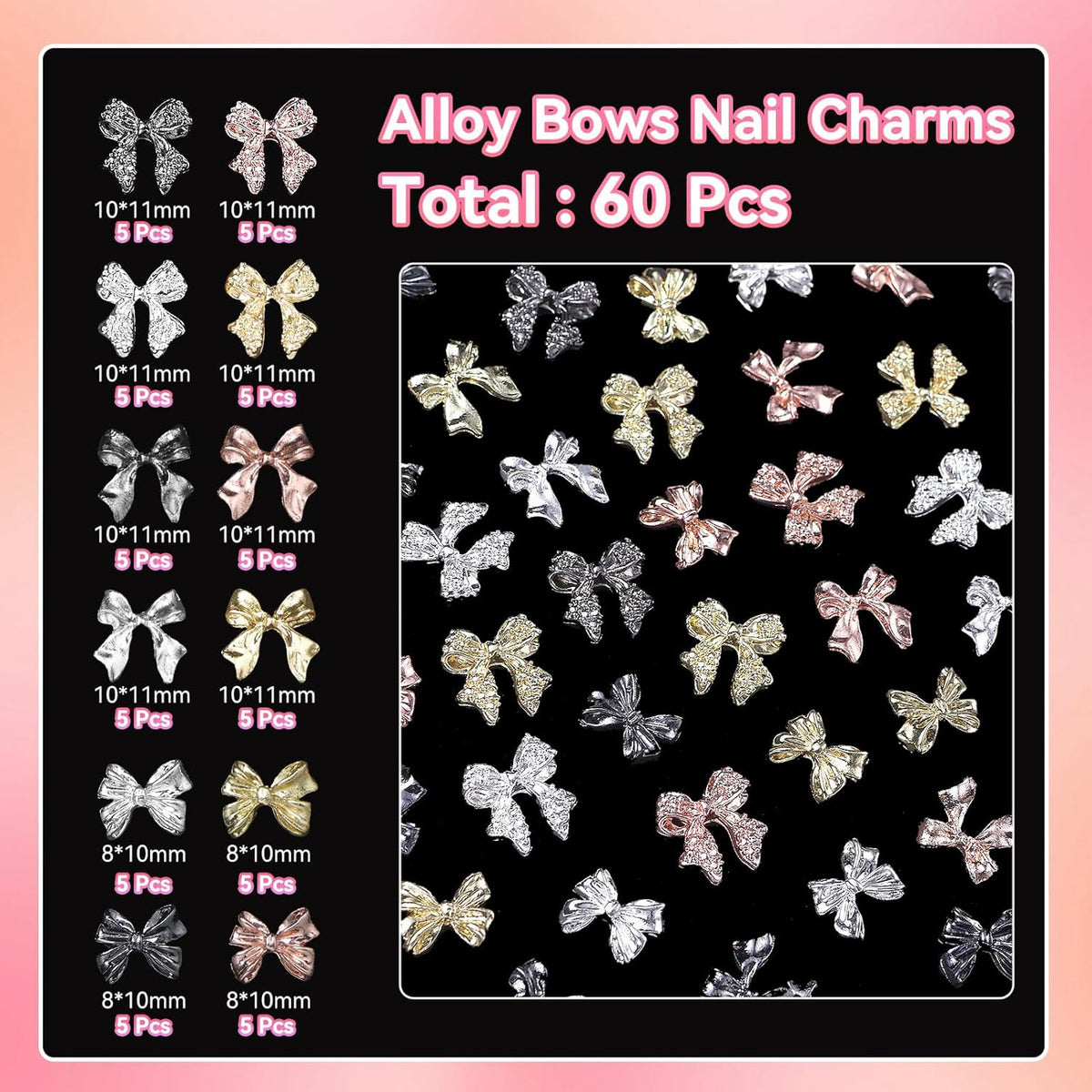 Metal Bow Nail Charms 60 Pcs for Nail Art - 12 Styles Silver Gold Black