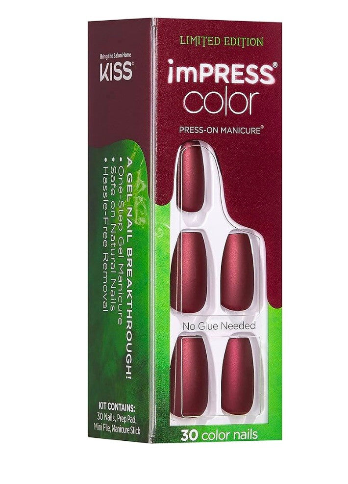 Matte Burgundy Wine Press-On Nails - Medium Length Coffin Shape, No Glue Needed