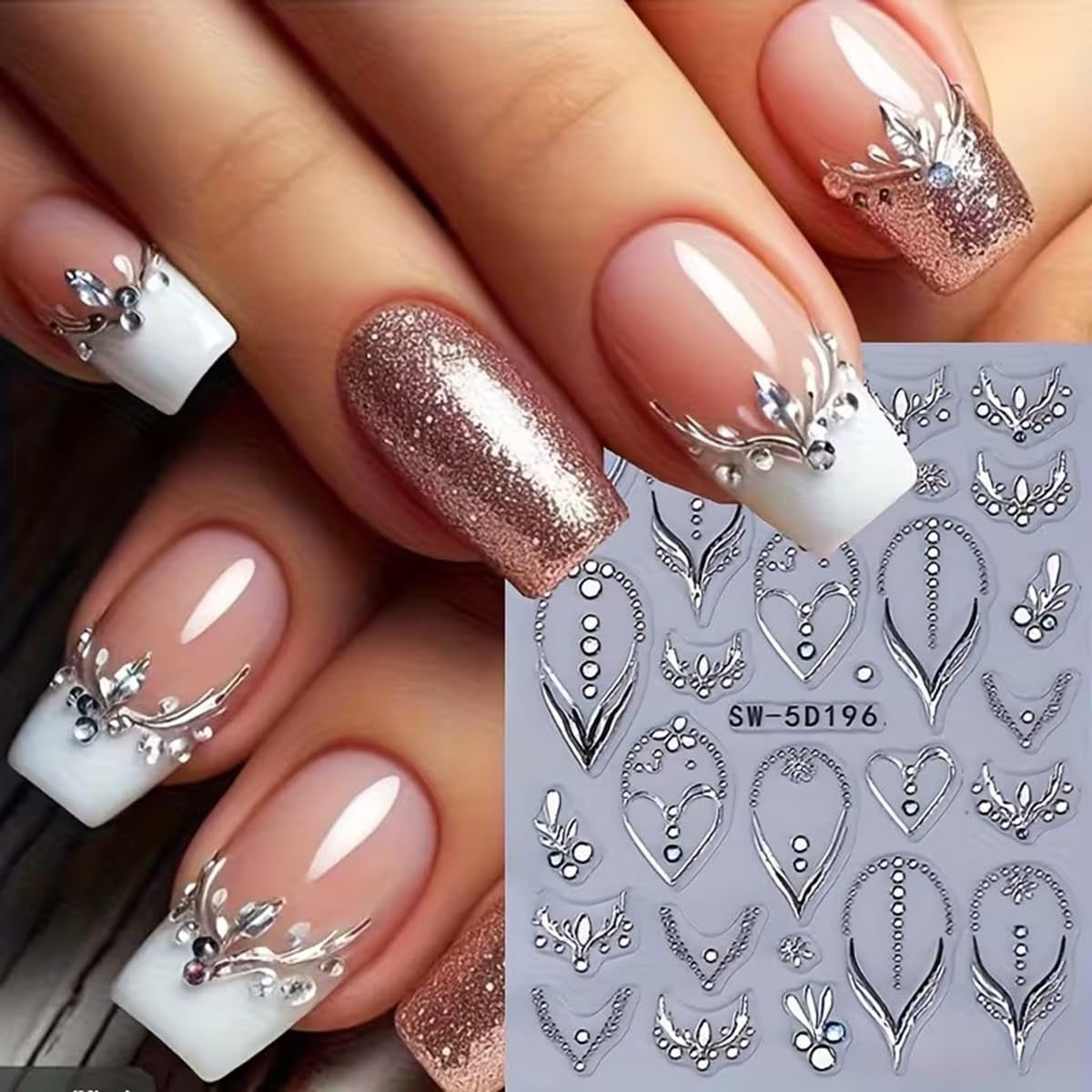 French Nail Art Stickers with 3D Rhinestones & Embossed Designs - 2PCS