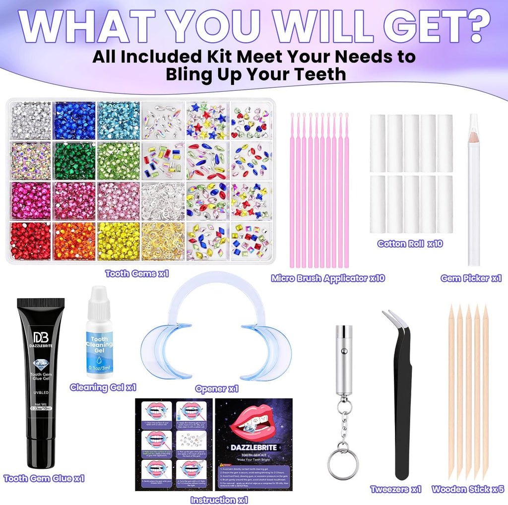 Crystal Tooth Gems Kit for Teeth - Colorful Dental Jewelry with Glue & UV Light