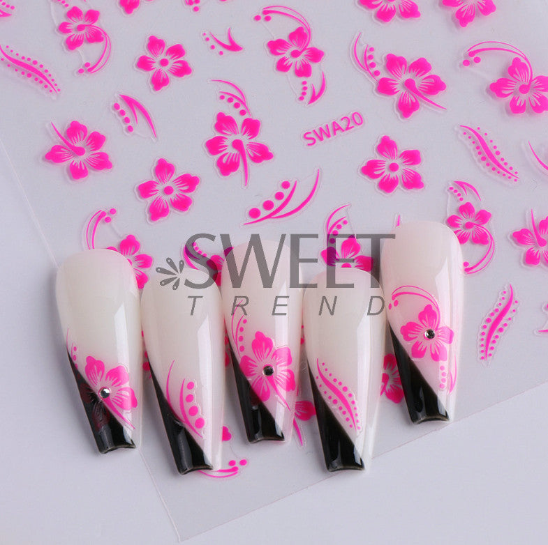 6Pcs Hibiscus Floral Nail Stickers Hawaiian Flower Vine Manicure Decals