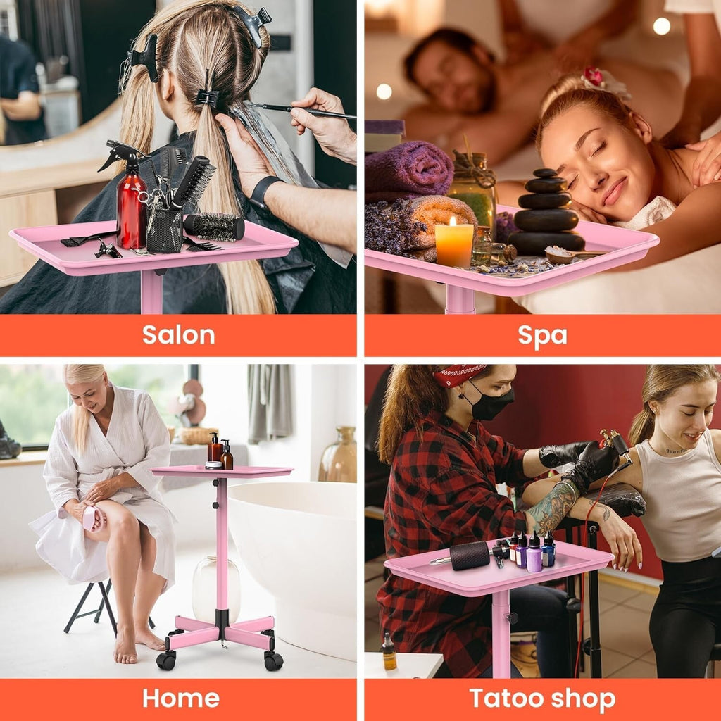 Pink Salon Service Tray on Wheels for Hair Coloring & Tools