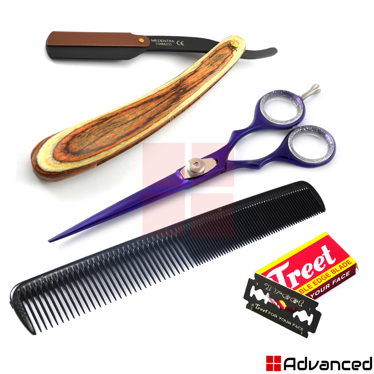 Professional Barber Hair Cutting Shears & Razor Set with Comb