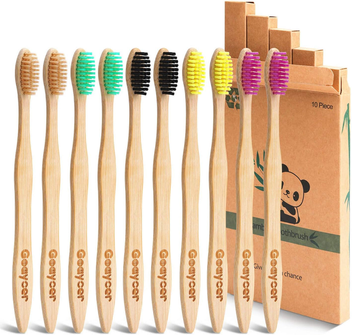 Bamboo Toothbrushes 10 Pack - Eco-Friendly, Biodegradable, Medium Soft Bristles
