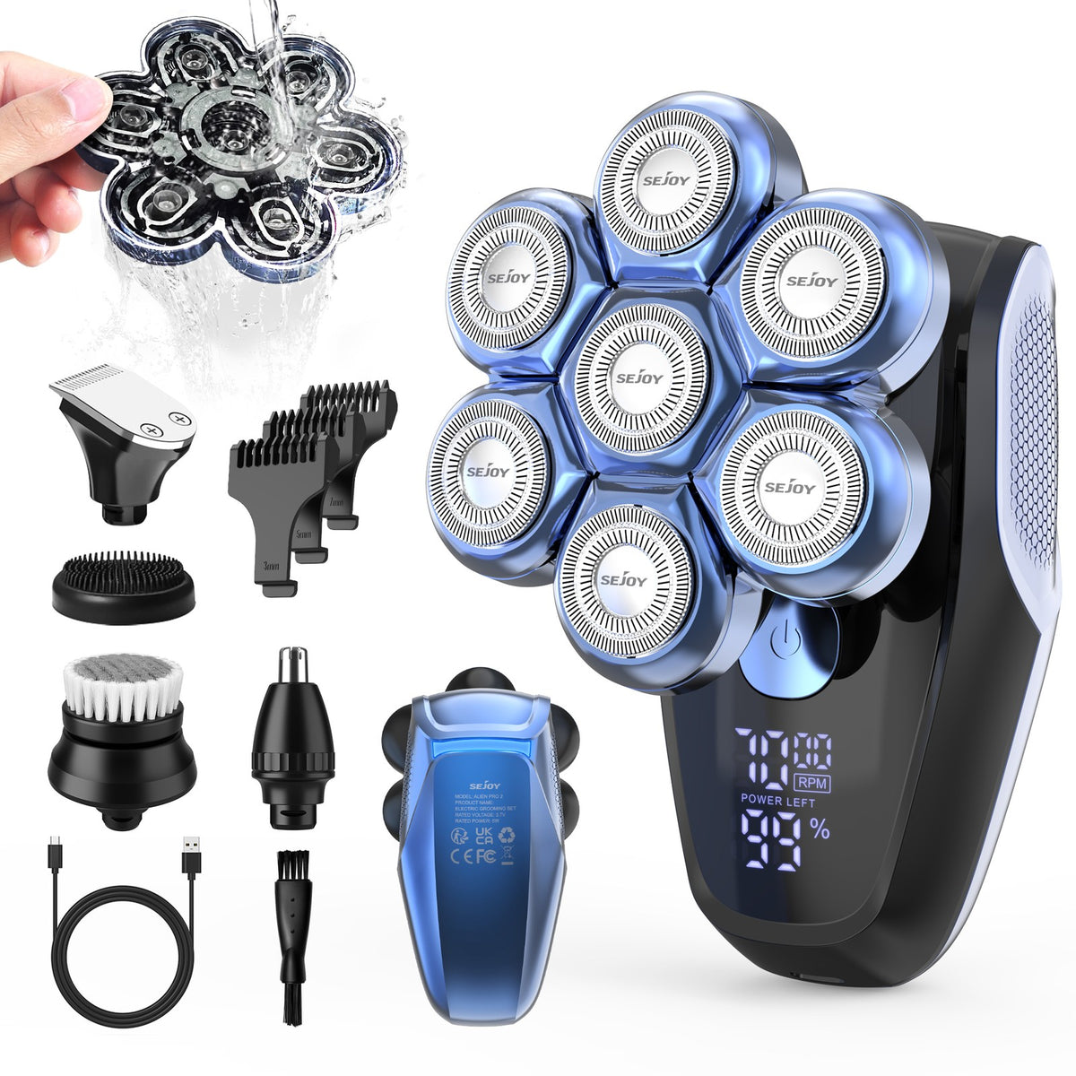 7D Rotary Electric Shaver for Men - Cordless Waterproof Bald Head Razor & Trimmer