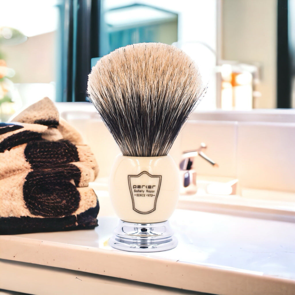 Shaving Brush with Stand - 100% Pure Badger Bristle, White & Chrome Handle