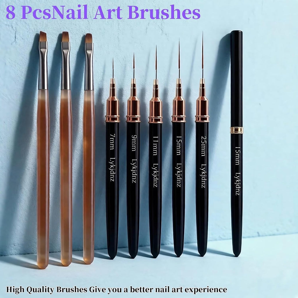 8Pcs Nail Art Brush Set with Gel Builder & Liner Brushes for Professional & DIY Nails