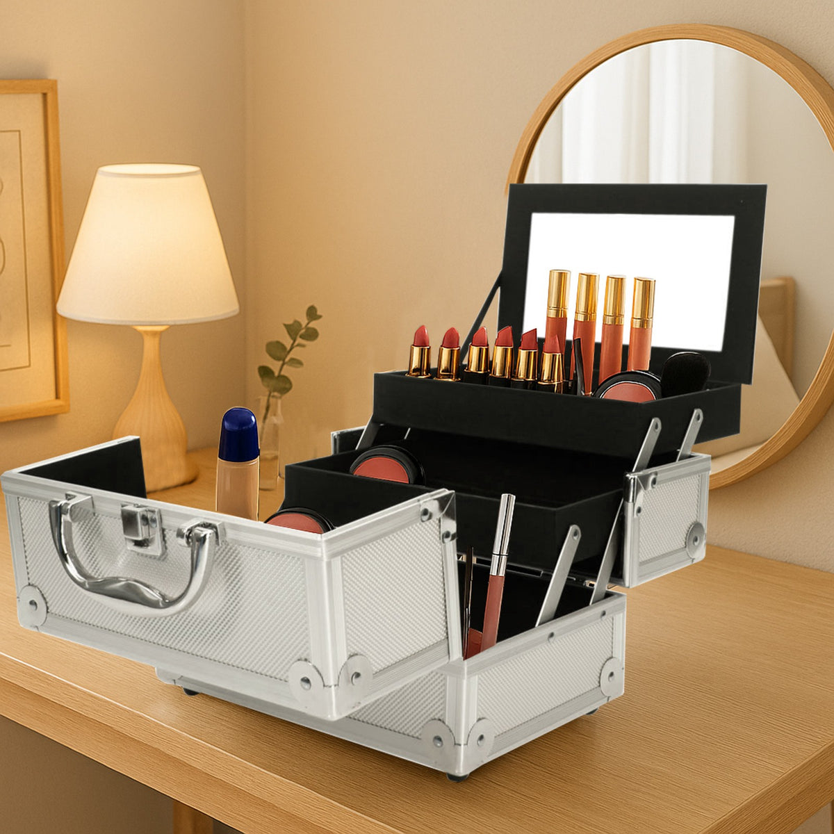 Aluminum Makeup Train Case with Mirror and Handle - Jewelry & Cosmetic Storage