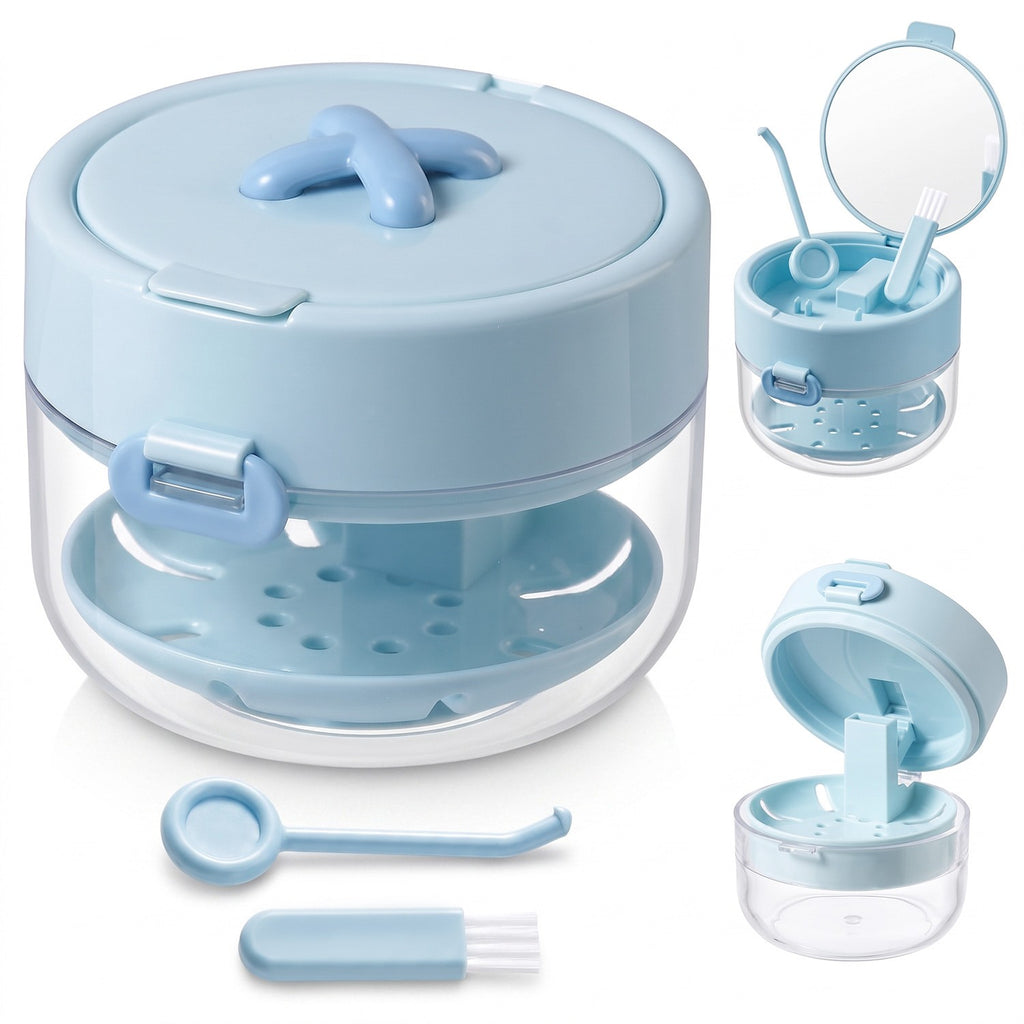 Denture and Retainer Cleaning Case with Auto-Lifting Strainer, Mirror & Brush