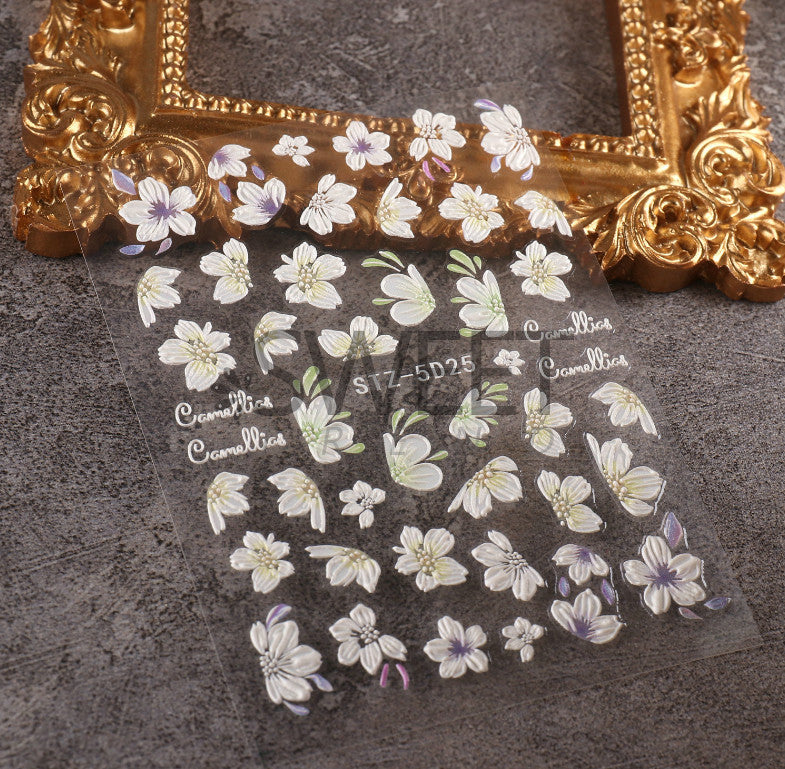 White 5D Embossed Camellia Flower Nail Decals - Manicure Stickers Set