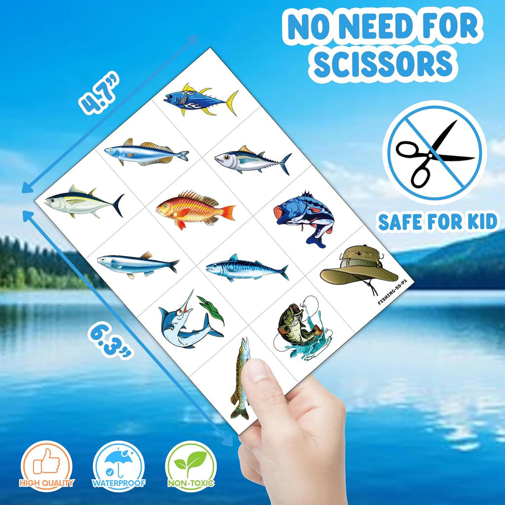 60 PCS Fishing Themed Temporary Tattoos Set for Birthday Party Decorations & Favors