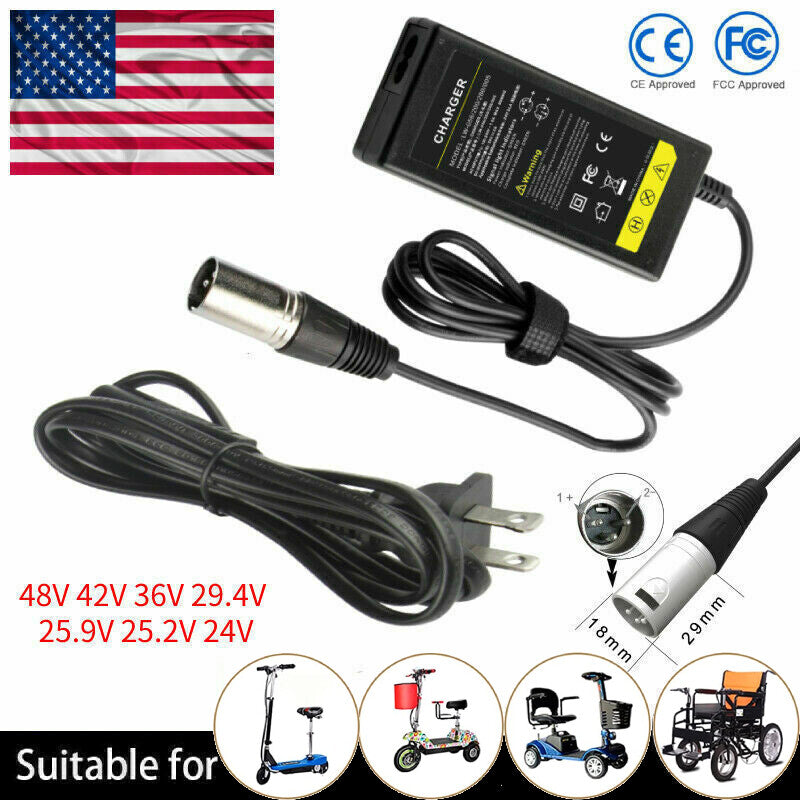 Universal 48V-24V 3-Pin Power Adapter Charger XLR Cord for Mobility Scooters