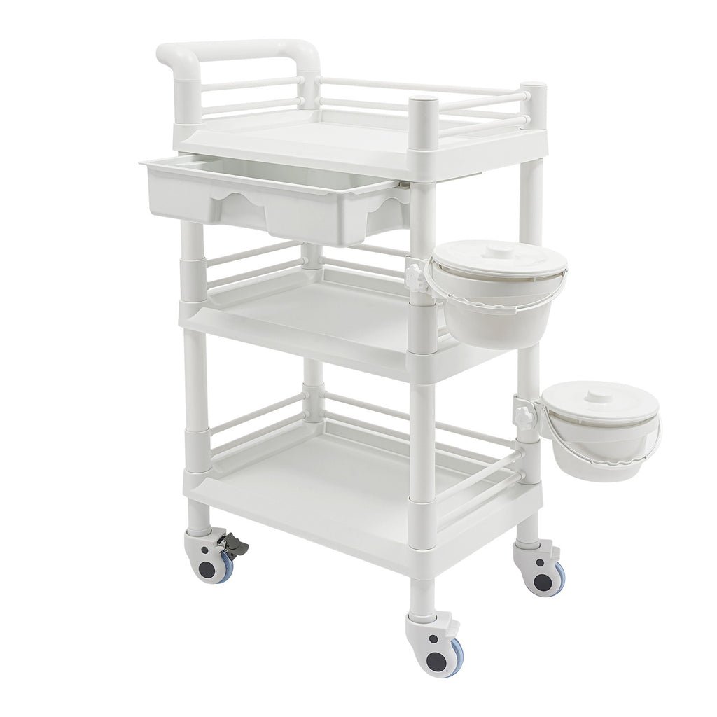 Salon Mobile Storage Cart with 3 Shelves and 2 Garbage Bins - White