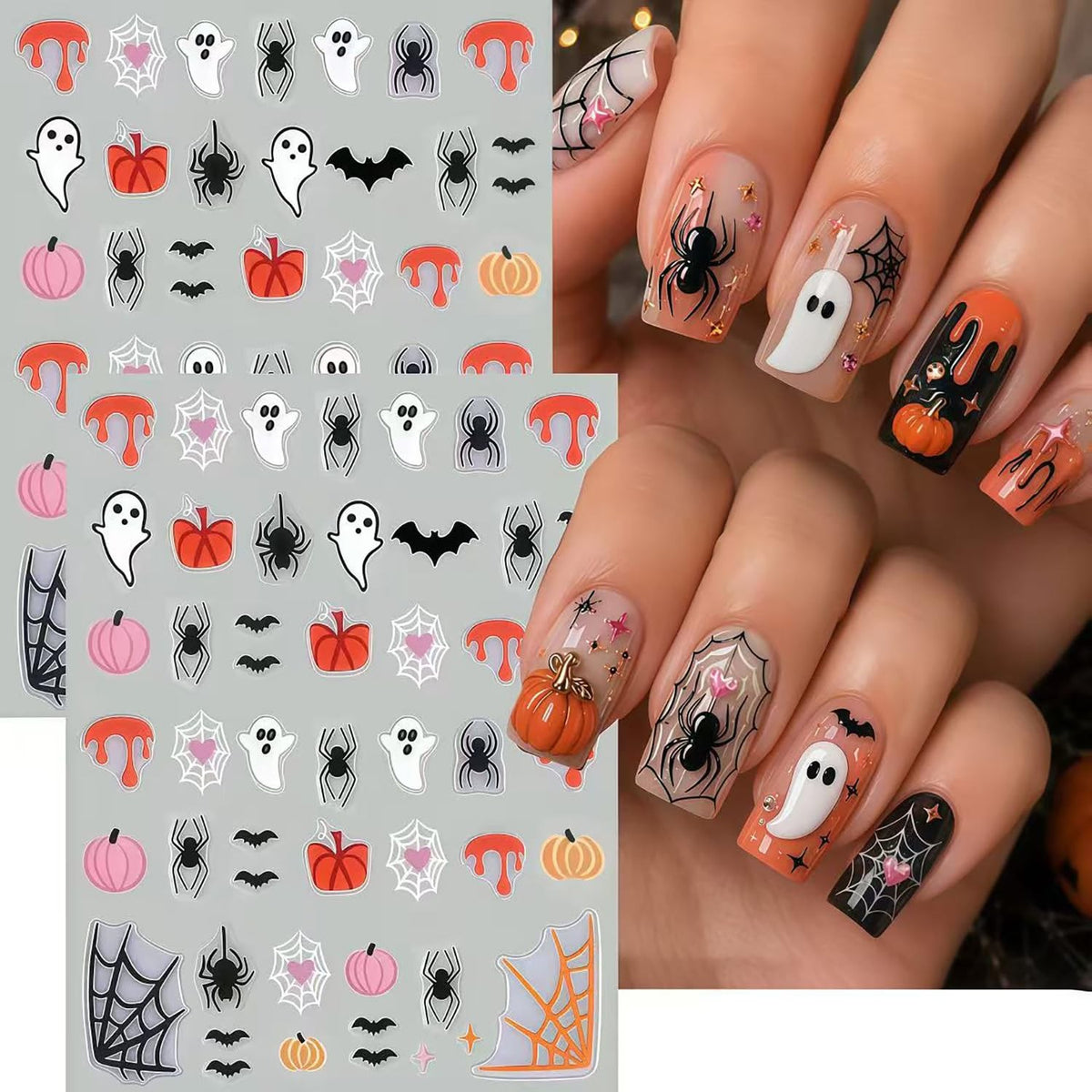 Halloween Nail Stickers Set - 6 Sheets Bat Spider Spider Web Multicolor