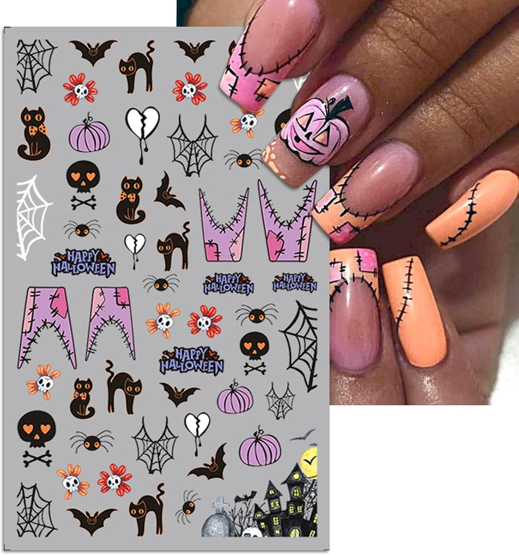 Halloween Nail Stickers Set - Spider Web Bat Skull Designs, 5 Sheets DIY Nail Art
