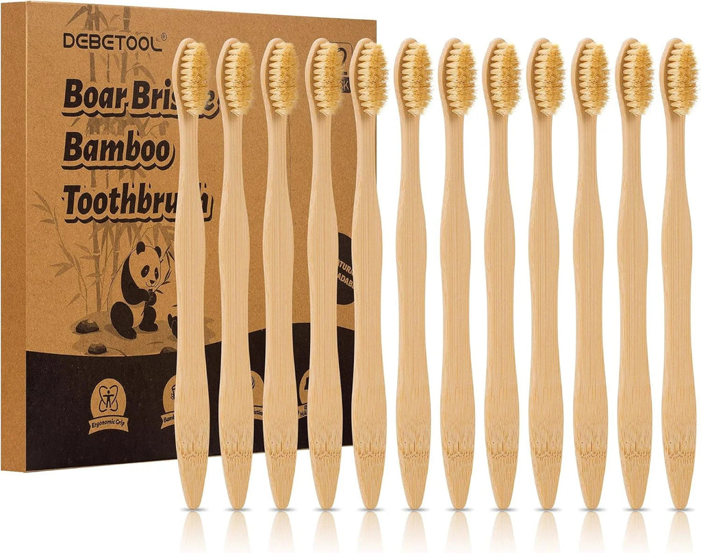 Natural Bamboo Toothbrush Set with Boar Bristles - Eco-Friendly 12 Pack