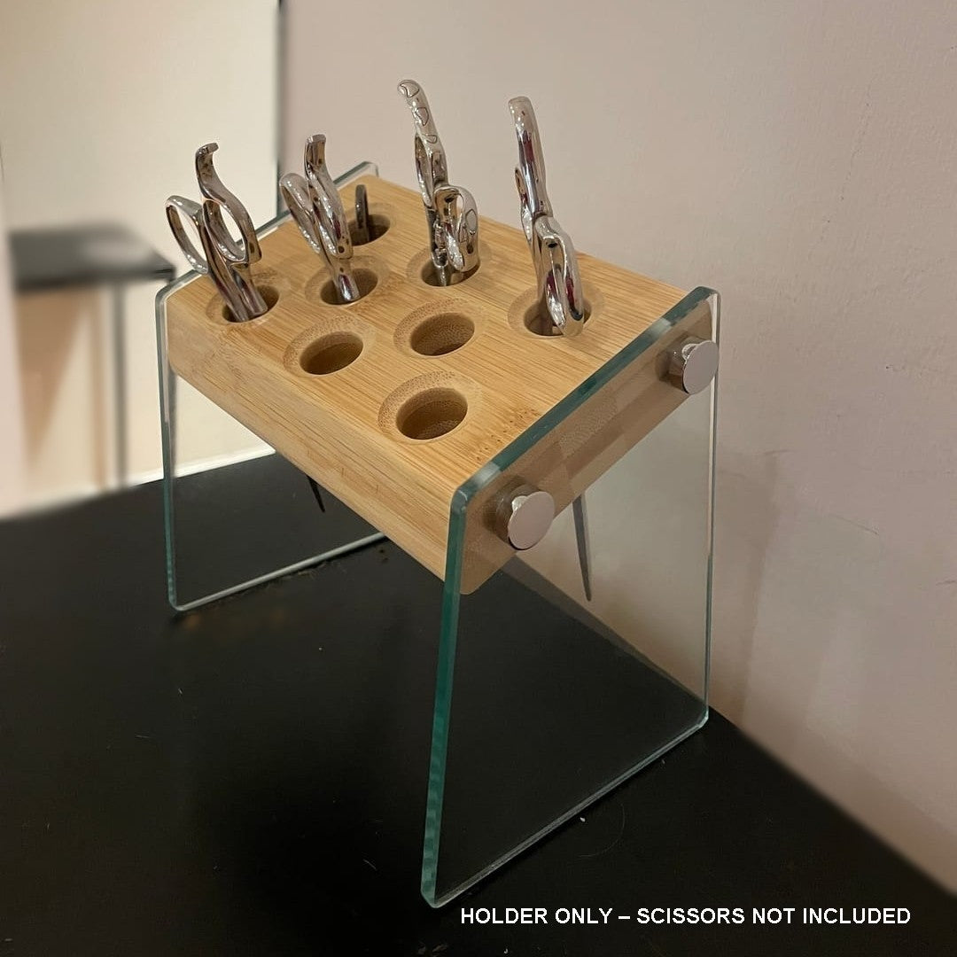 Hair Scissors Holder Organizer Bamboo Glass Block Salon Tool Storage