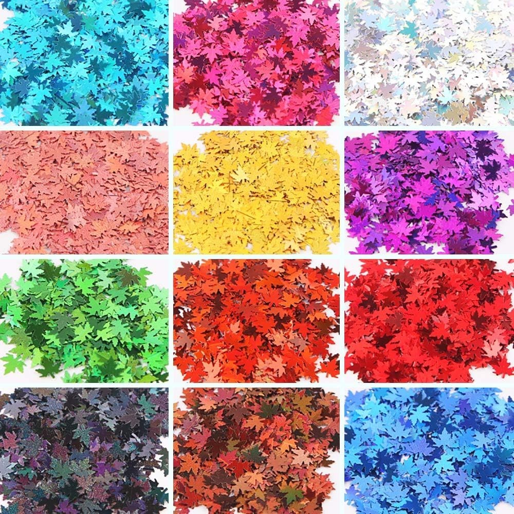 Fall Leaf Glitter Nail Sequins - 12 Color Holographic Maple Leaf Flakes for Nail Art