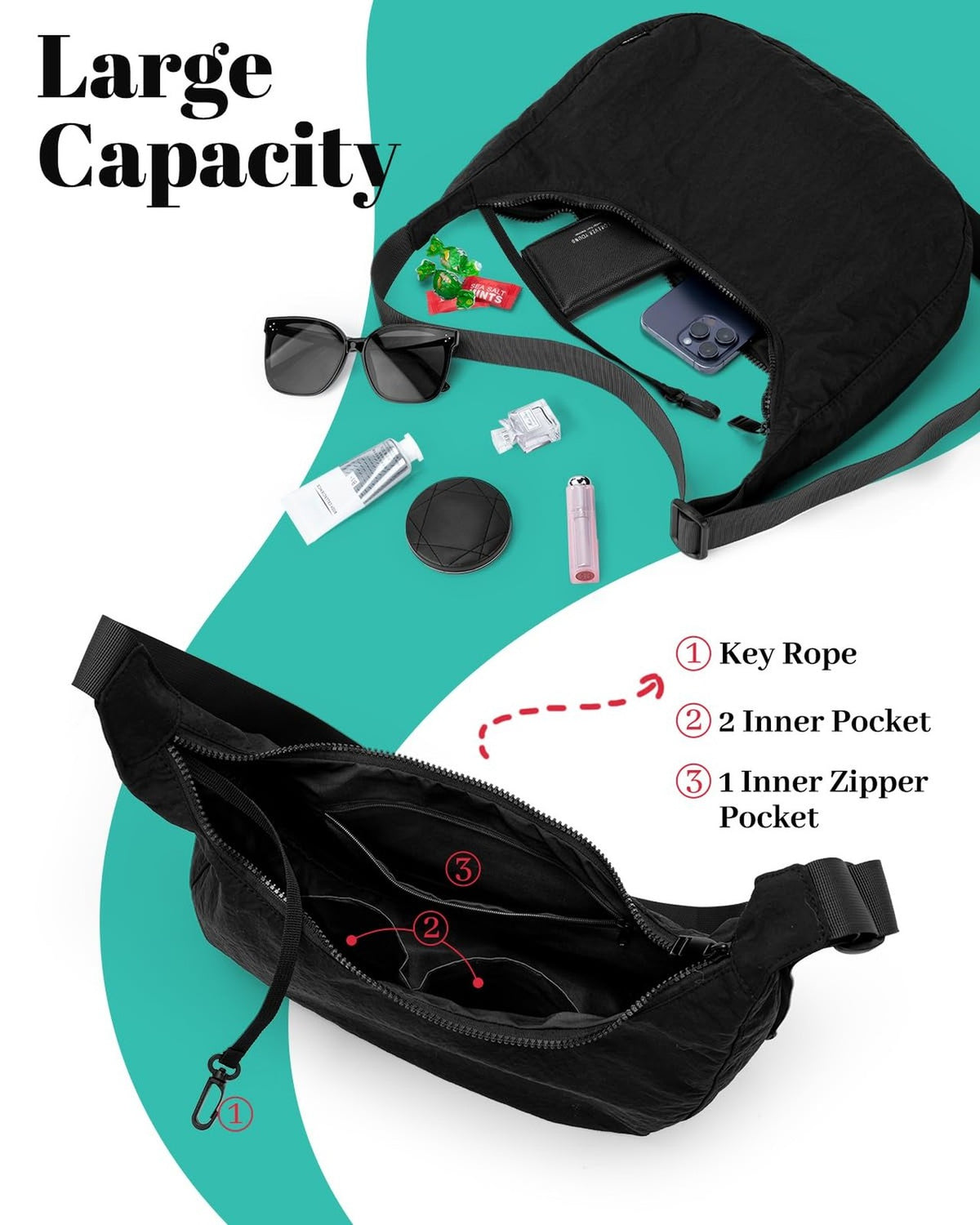 Medium Crossbody Crescent Bag for Women Men with Zippers - Unisex Hobo Bag