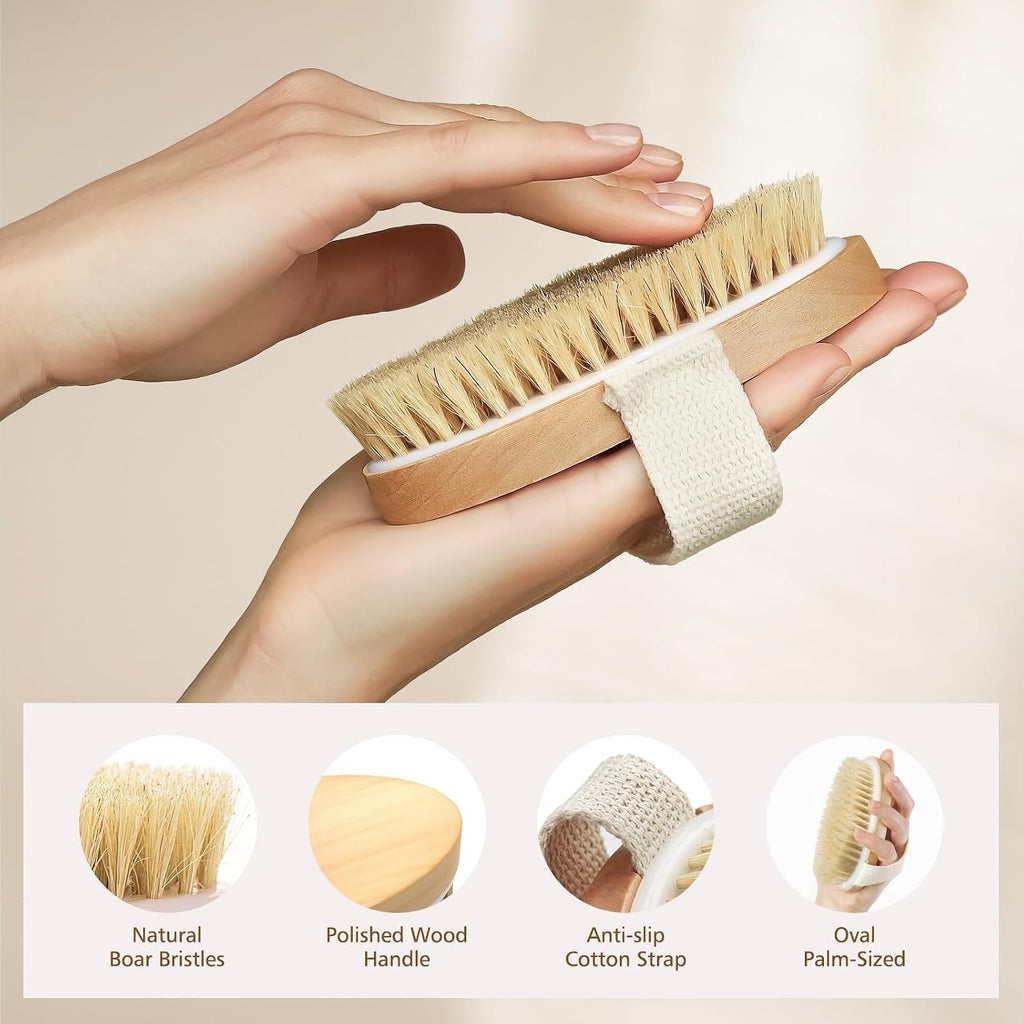 Lymphatic Drainage Dry Body Brush with Natural Boar Bristles and Wooden Handle