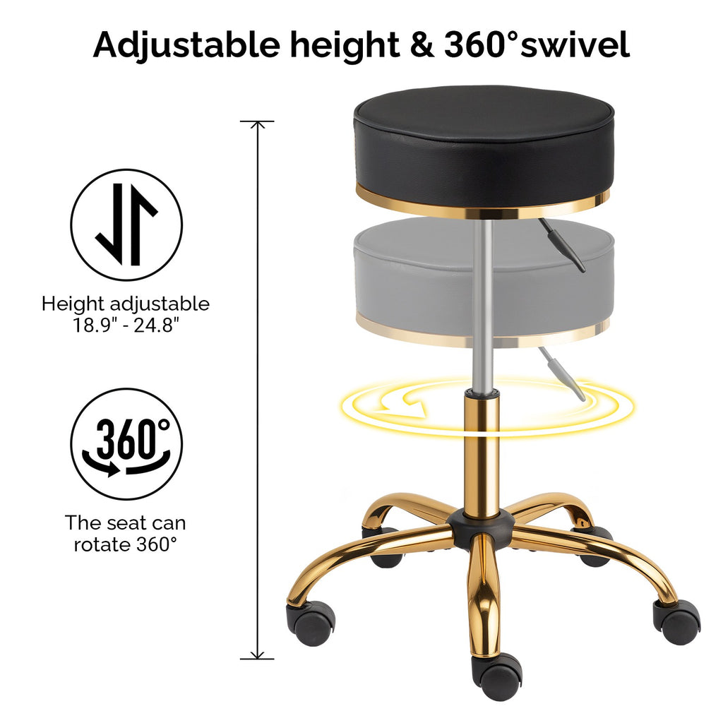 Adjustable Swivel Salon Stool with Wheels, Hydraulic Height - Black & Gold