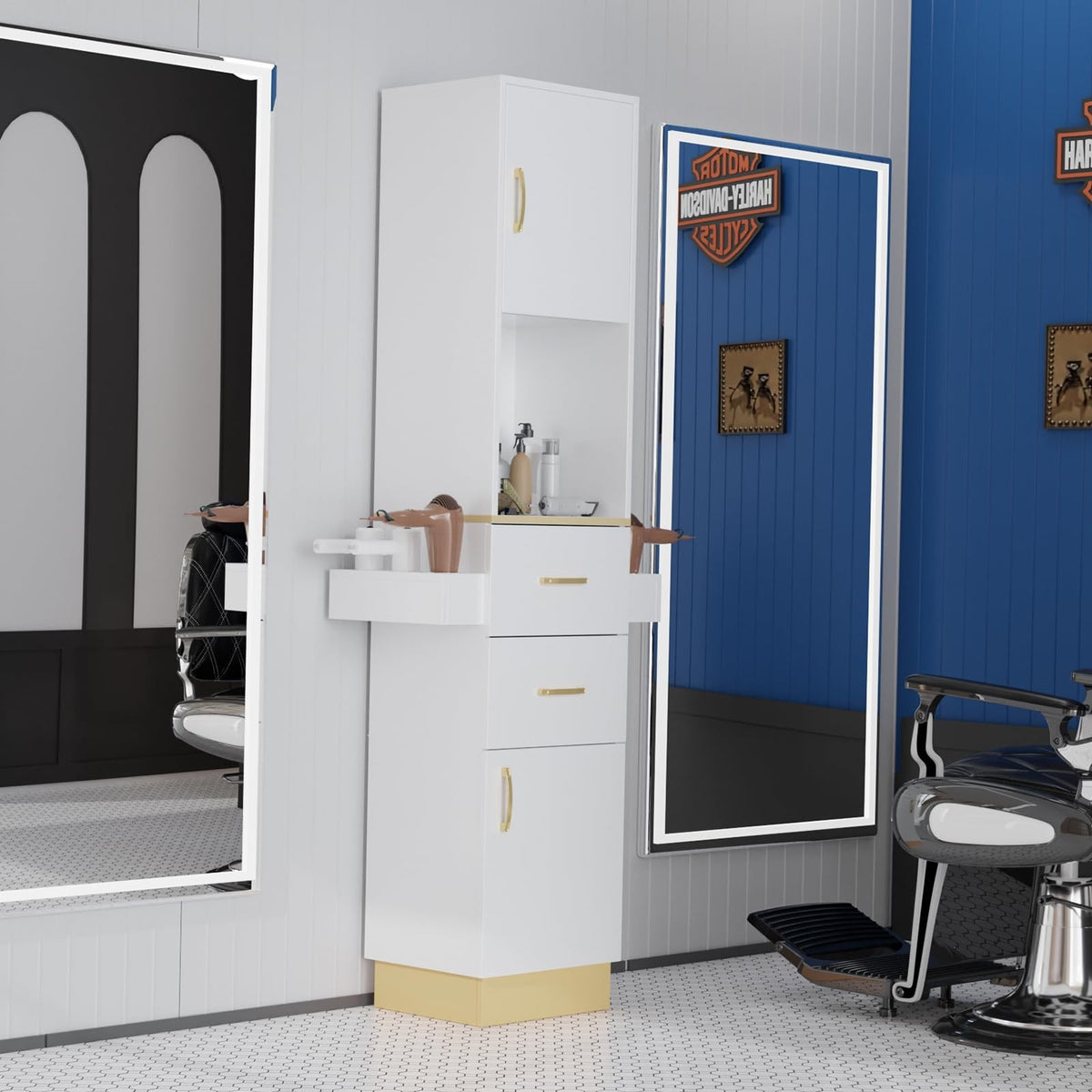 Salon Storage Station with Drawers and Hair Dryer Holders - White Gold