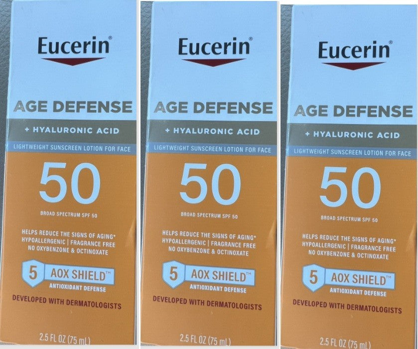 Eucerin Sun Age Defense SPF 50 Face Sunscreen with Hyaluronic Acid - Hypoallergenic, Fragrance-Free, Non-Comedogenic, 3 Pack