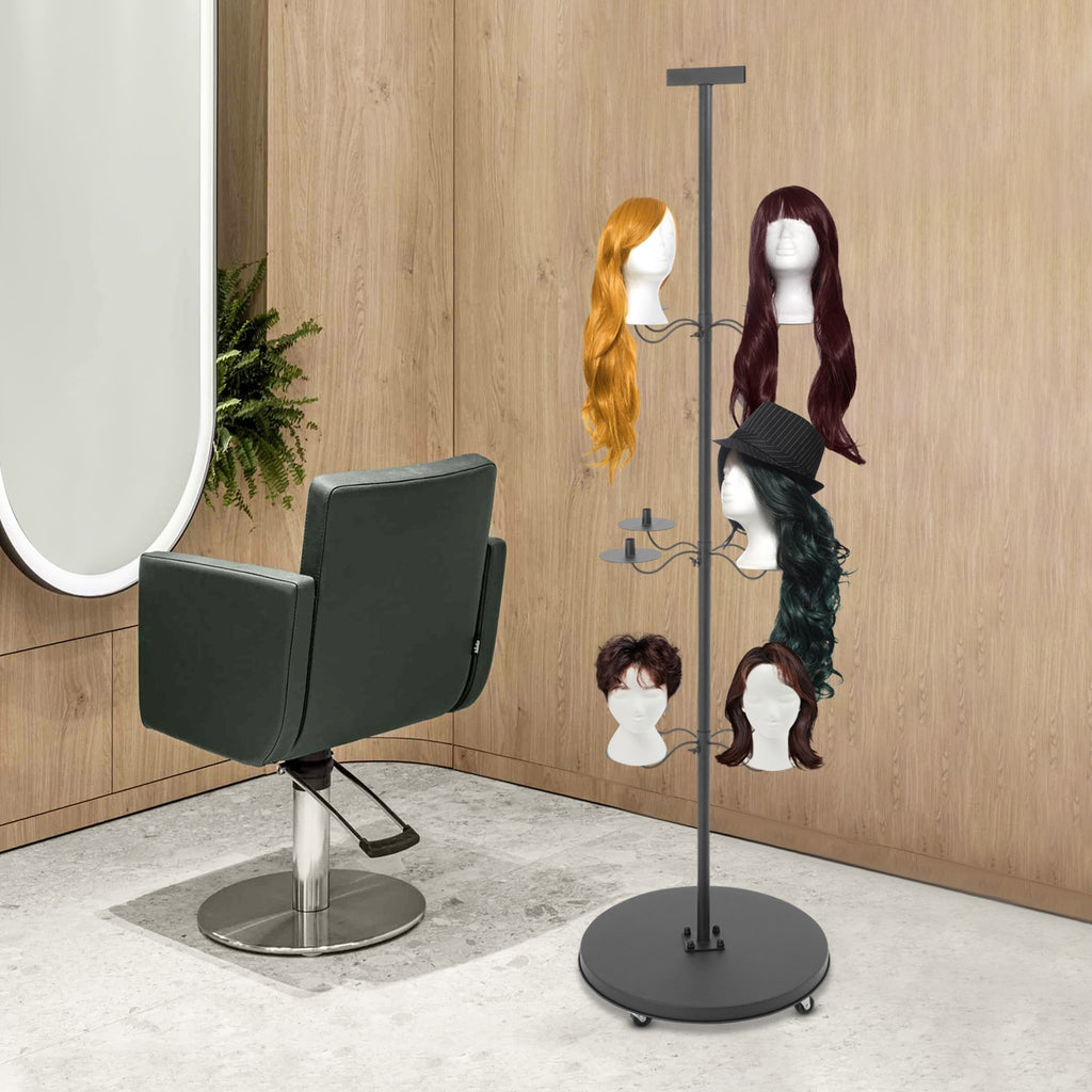 12 Head Wig Display Rack Adjustable Stand with Lockable Wheels